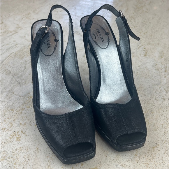 PRADA 2000’s peep toe slingback Black Leather Cone Heel Size 38 (US 7.5–8) - Picture 1 of 17